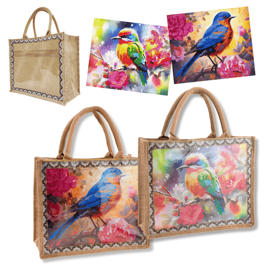 CA-FBC006 Birds Crystal Art Interchangeable Panel Jute Bag 12