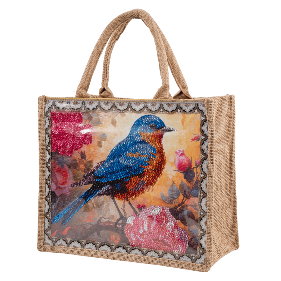 "Birds" Crystal Art Interchangeable Panel Jute Bag