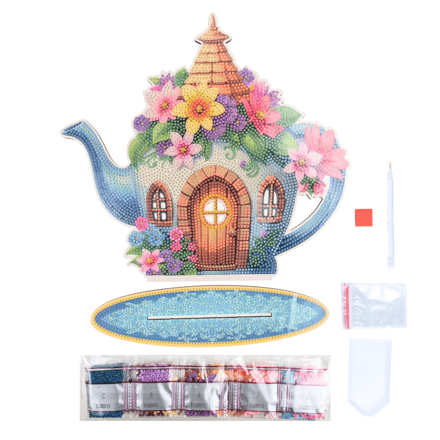 Flower Teapot Crystal Art Wooden Decoration Kit contents