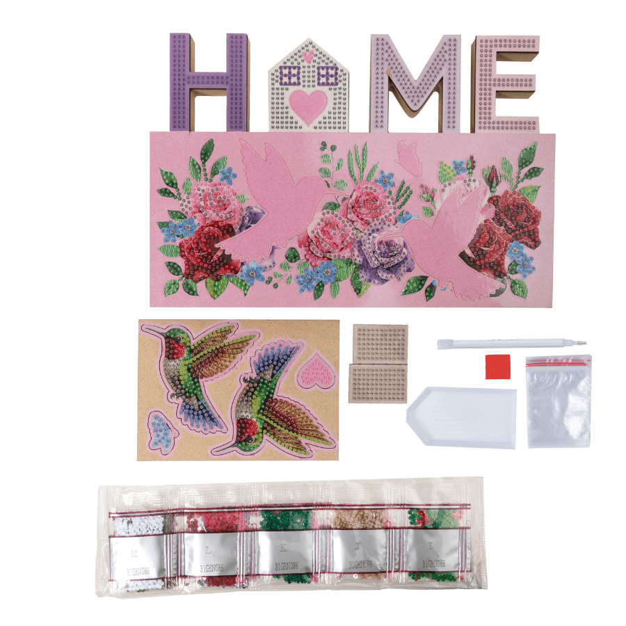 Home Sign Crystal Art Wooden Decoration Kit contents