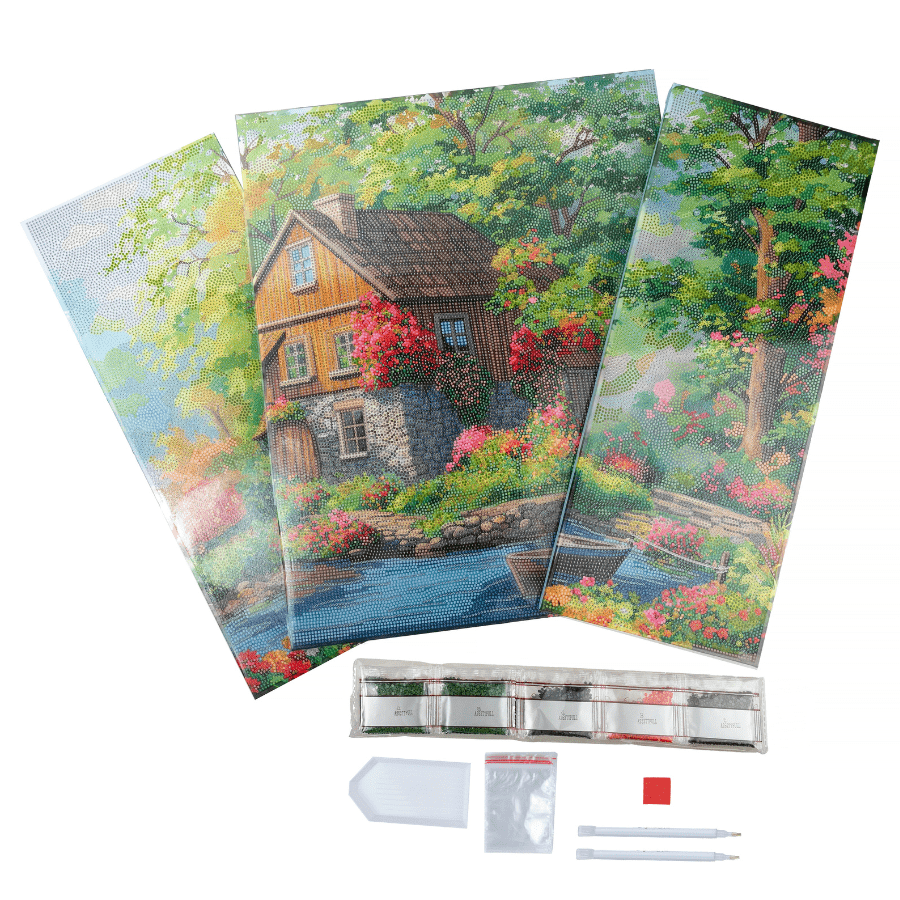 Lake By The Cottage Crystal Art Canvas Triptych contents