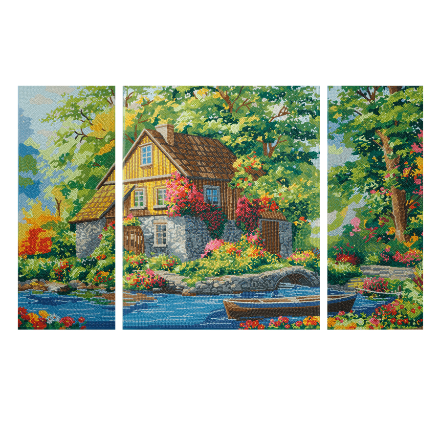 Lake By The Cottage Crystal Art Canvas Triptych design