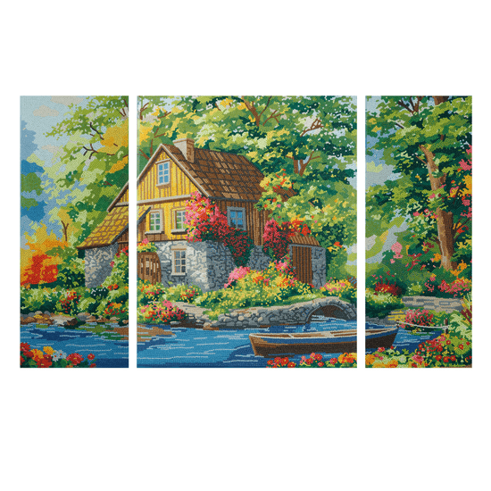 Lake By The Cottage Crystal Art Canvas Triptych design