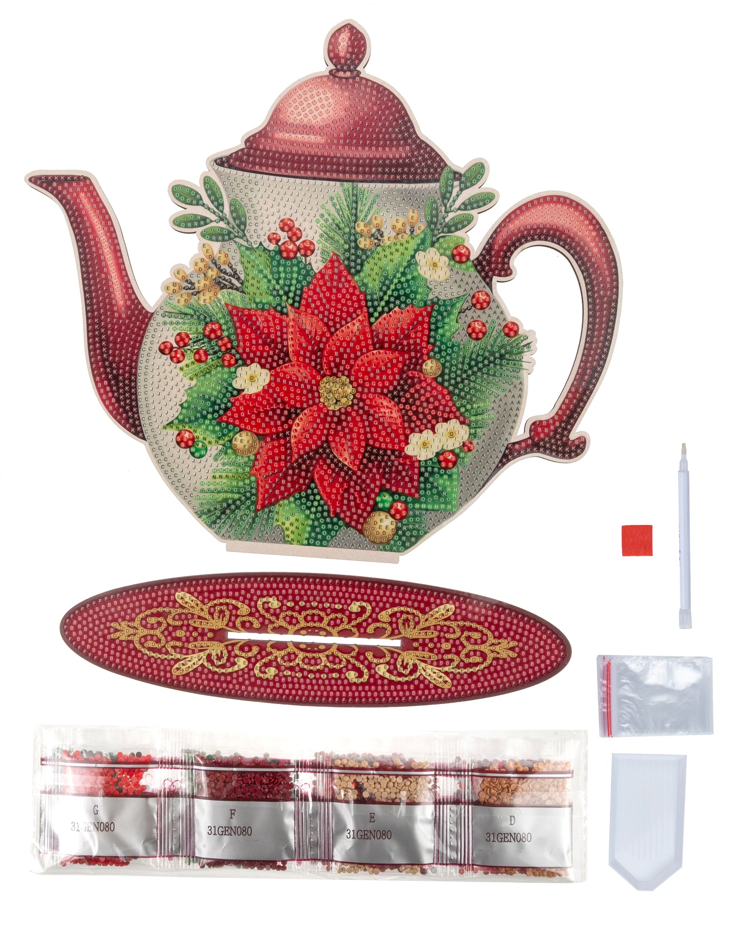  Poinsettia Teapot Crystal Art Wooden Decoration contents