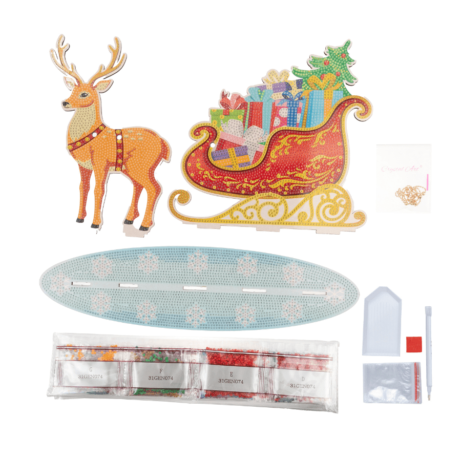 Santa's Sleigh Crystal Art Wooden Decoration Kit contents