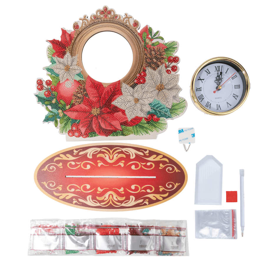 Shining Poinsettia Crystal Art Clock Kit 3
