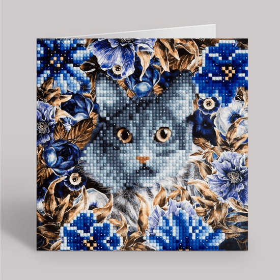 cat and flowers Crystal Art Card 18x18cm