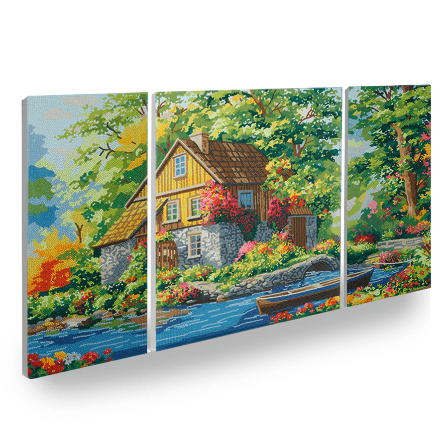 Lake By The Cottage Crystal Art Canvas Triptych Set of 3